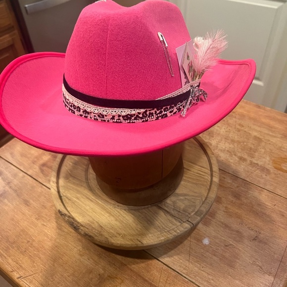 Handmade Pink Felt Cowgirl Hat with Feathers, Gems, and Leopard Print - Picture 3 of 9